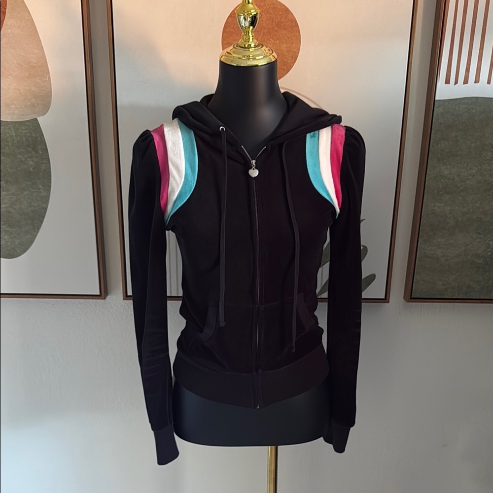 3/$10 Y2K Black Velvet Hoodie with Shoulder Stripes
